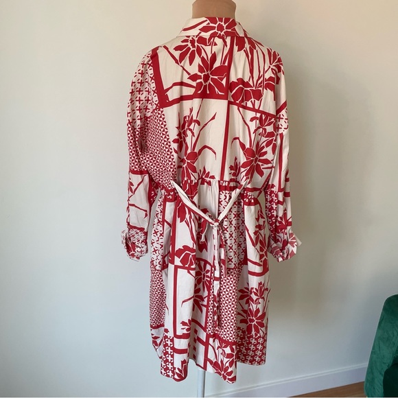 Anthropologie Maeve Red White Cotton Printmaker Poplin Long Sleeve Shirtdress L - Picture 7 of 12